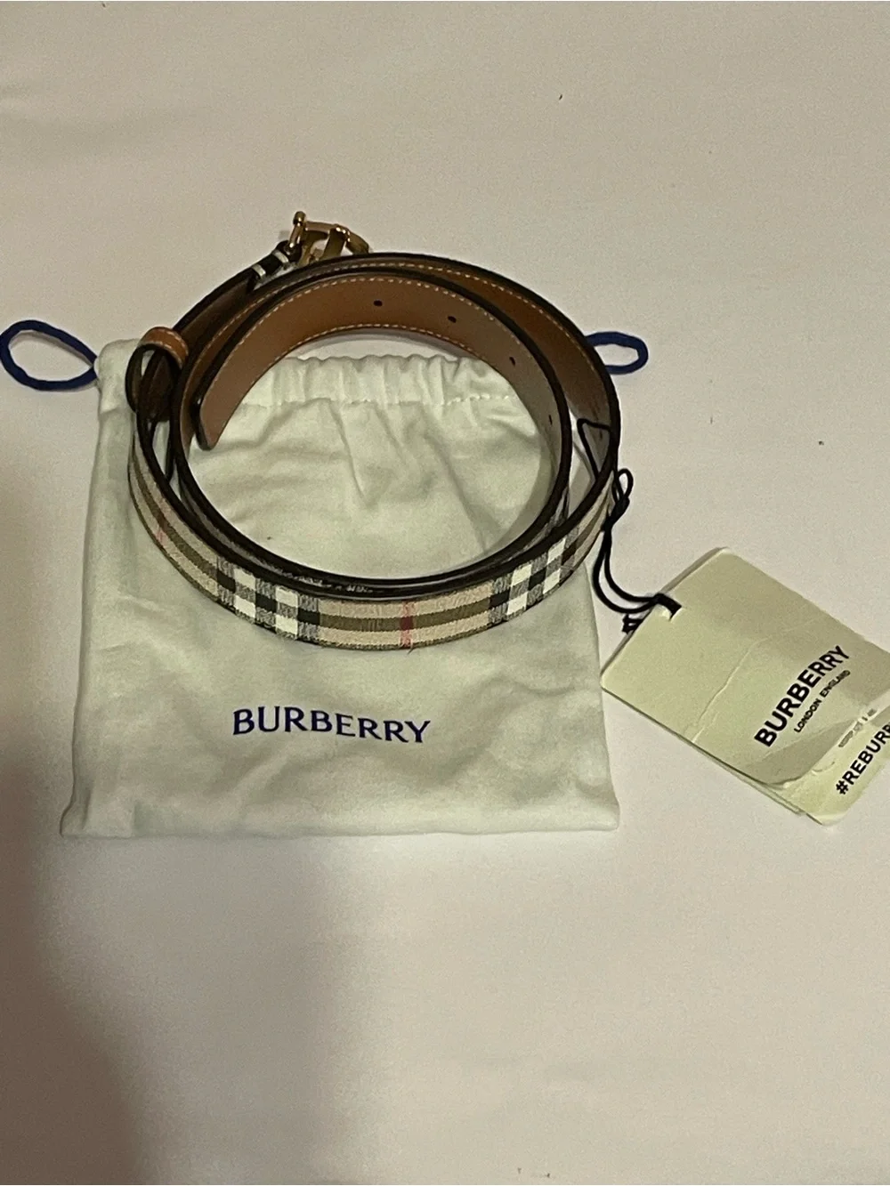 New authentic Burberry Beige Check TB Buckle Belt with Tan Leather